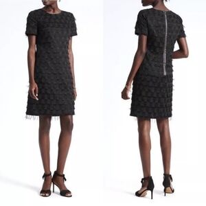 NEW Banana Republic Fringe Dot Shift Black Short Sleeve Dress Size 8